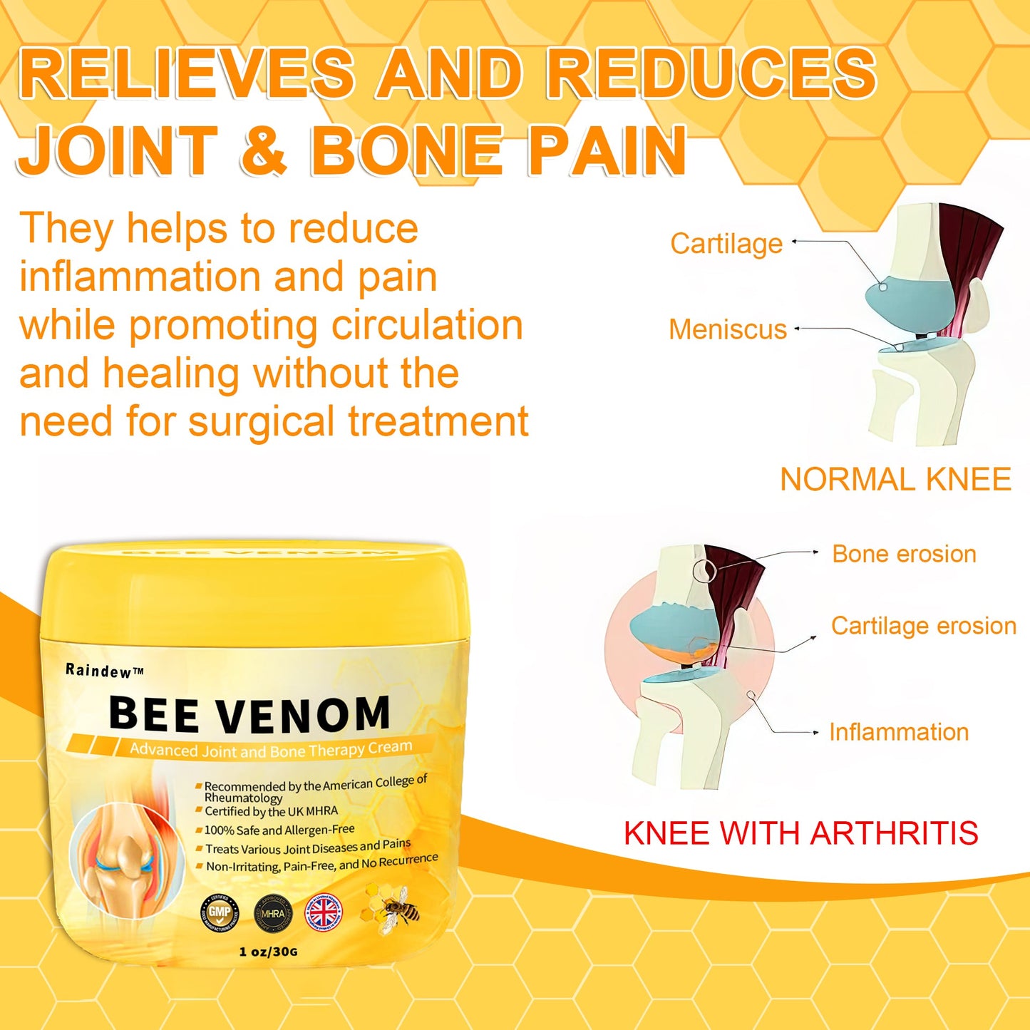 Raindew™ Bee Venom Advanced Joint and Bone Healing Cream (New Zealand Bee Extract - specializing in orthopedic conditions)
